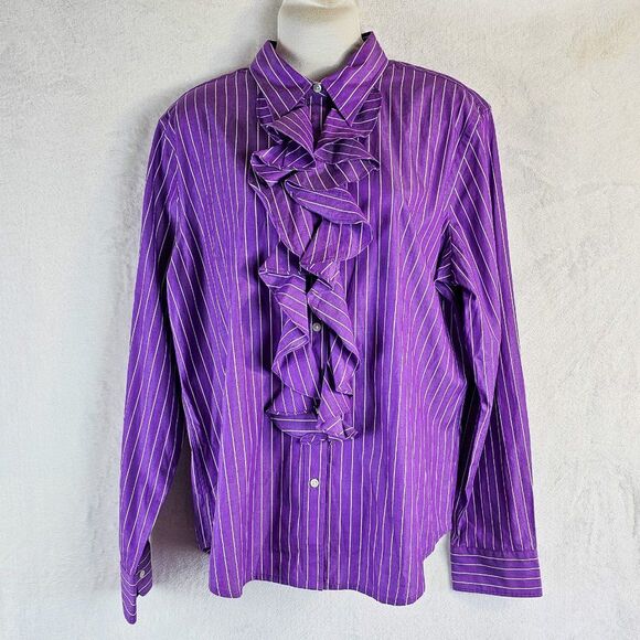 Chaps Women’s Purple/White Striped Button Up Shirt with Ruffled Front Size XL - Picture 1 of 6